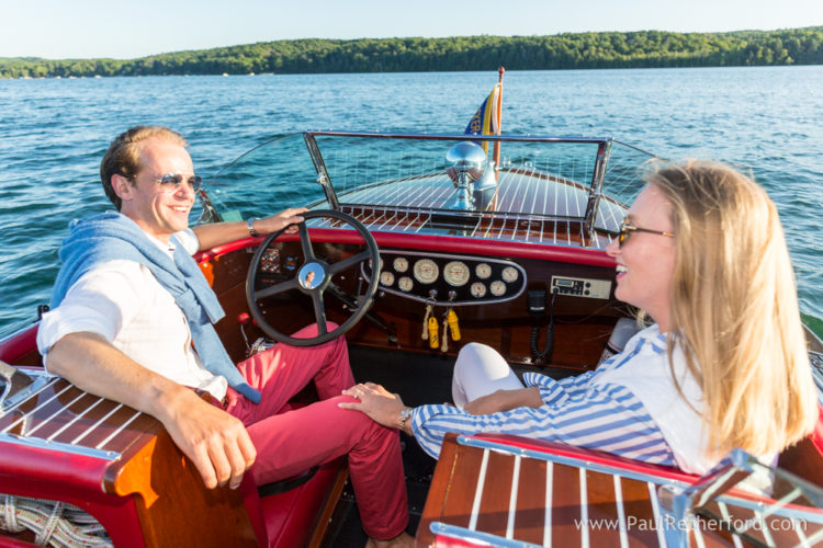 Walloon Lake Engagement Photography HackerCraft Wooden Boat Northern Michigan 